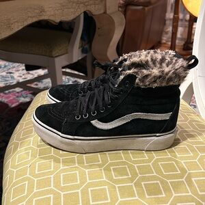 Size 8 platform black vans with leopard puff